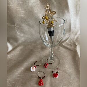 Festive Glass Wine Charms and Bottle Stopper Set